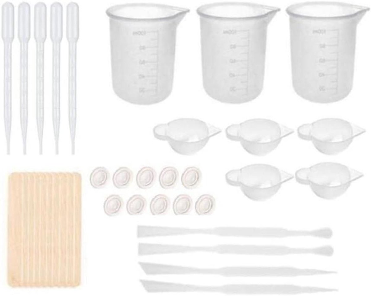 Hars Gereedschap Set - Mixbeker Set - Sieraden Maken - Siliconen en Houten Hulpmiddelen - 100 ml Bekers - Transparant Wit