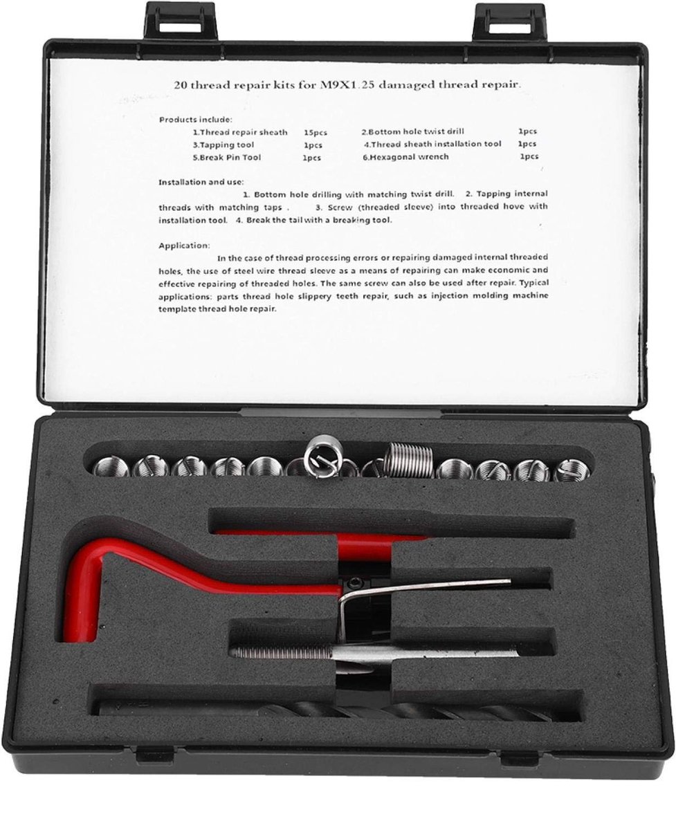 Dailygoods- Herschroefdraadset 20-delig - Roestvrijstalen Draadinzetstukken M9x1.25 - Binnendraad Reparatieset - Slijtvast - Hoge Precisie - Voor Aluminiumlegering - Draadinzetstuk