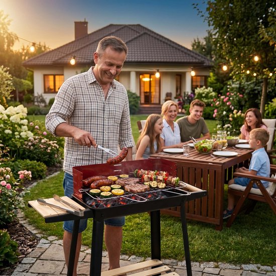 Springos Houtskool barbecue -Op Wielen - BBQ - Asopvangbak - Kunststof - RVS - Zwart - Rood - Houtlook - 6 Standen van springos — afbeelding 4