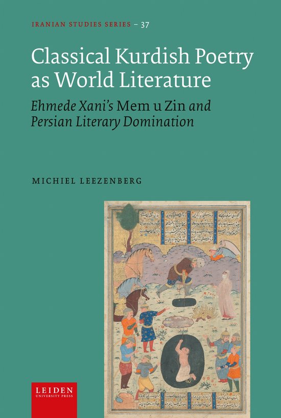 Boekomslag: 'Classical Kurdish Poetry as World Literature' met een Perzische miniatuur van cavalerie en figuren.