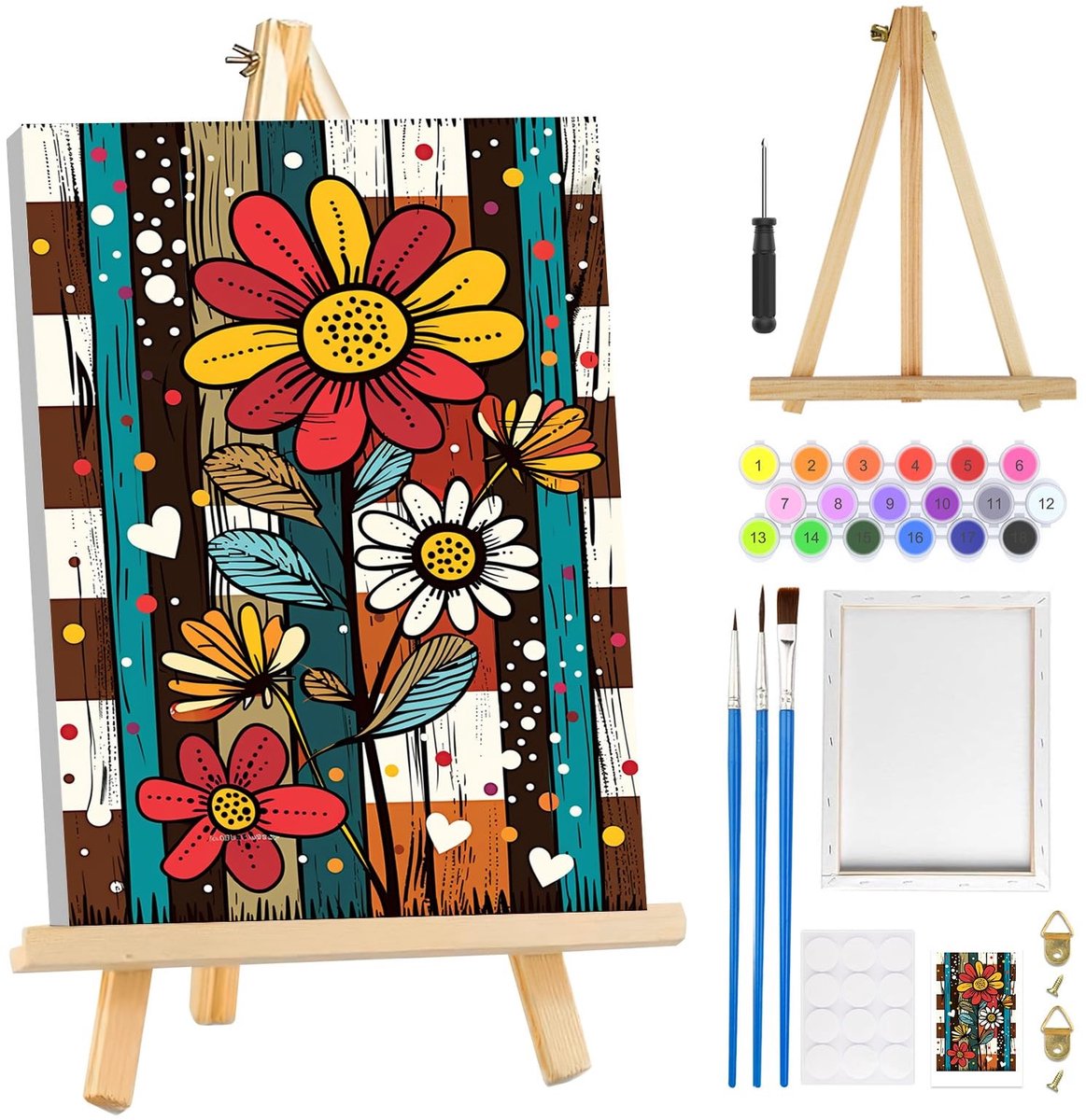 Dailygoods- Schilderkit voor Beginners - Verf op Nummer - Acrylverf Set - Houten Ezel - Canvas met Inlijsting - 3 Penselen - Verfset