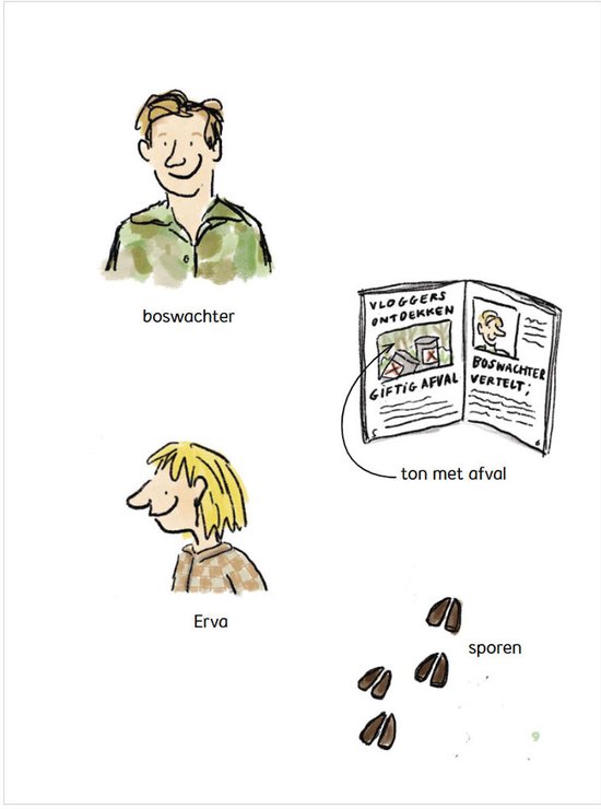 Illustratie met boswachter, Erva, een open tijdschrift en hondenpootjes.