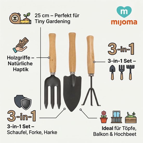 Dailygoods- Tuinapparaten Set van 3 - Hark/Schep/Vork - Houten Handgrepen - Geanodiseerd Metaal - Voor Balkon/Verhoogd Bloembed - Tuingereedschap van Dailygoods — afbeelding 4