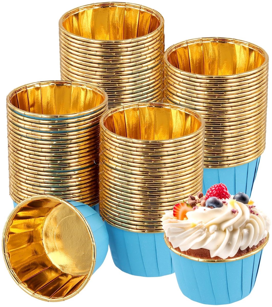 Dailygoods- Cupcakevormpjes 200 stuks - Vetdichte Papieren Vormpjes - Mini Muffinvormpjes - Blauw met Goud - 68 x 39 mm - Ovenbestendig tot 230 graden
