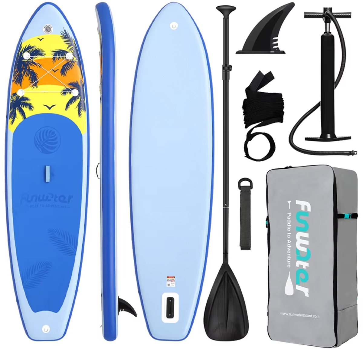 FUNWATER SUPFW55B – Opblaasbare SUP plank blauw 335x83x15 cm – stabiel, max 180 kg – compleet met peddel & pomp