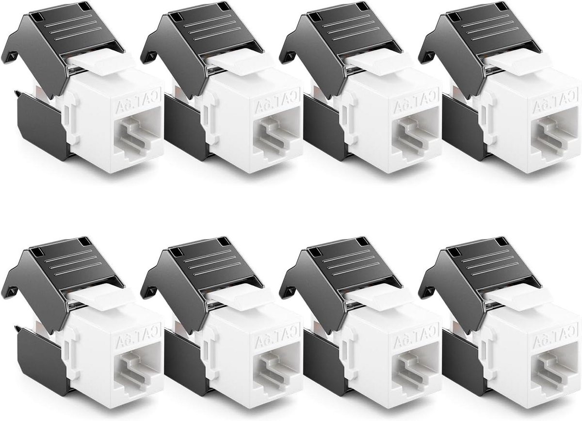 CAT6A Keystone Module - RJ45 Keystone Jack - Netwerk Bekabeling - Gereedschapsloze Installatie - 8 Stuks - Wit-Zwart