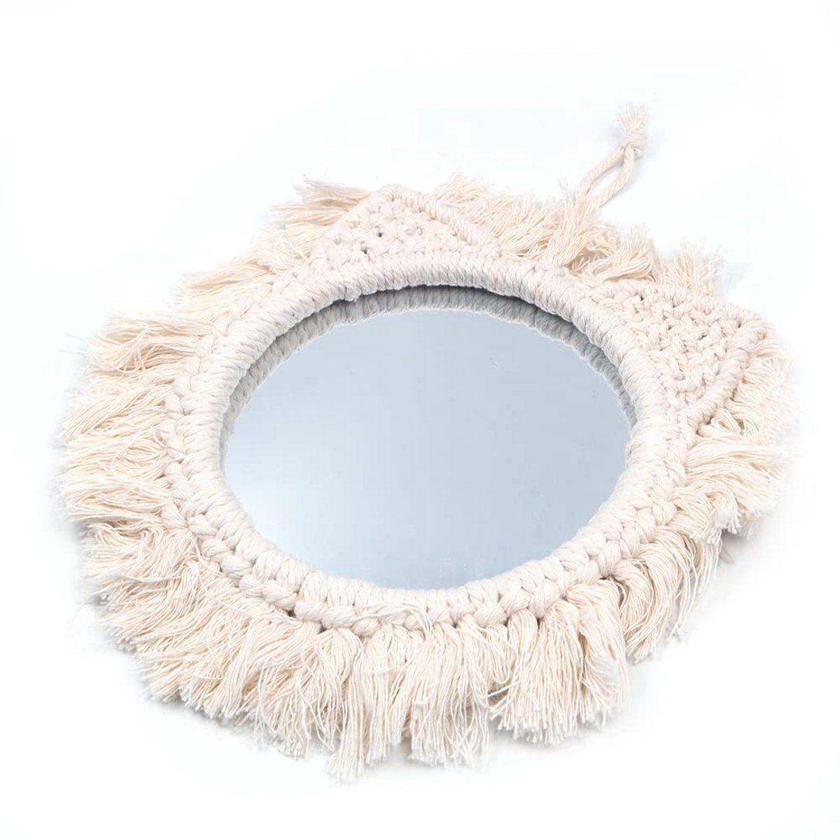 Dailygoods- Muurspiegel Boho Fringe - Ronde Decoratieve Spiegel - Hangende Wanddecoratie - 25x16cm - Macramé Franje - Elegante Interieuraccessoire - Decoratiespiegel