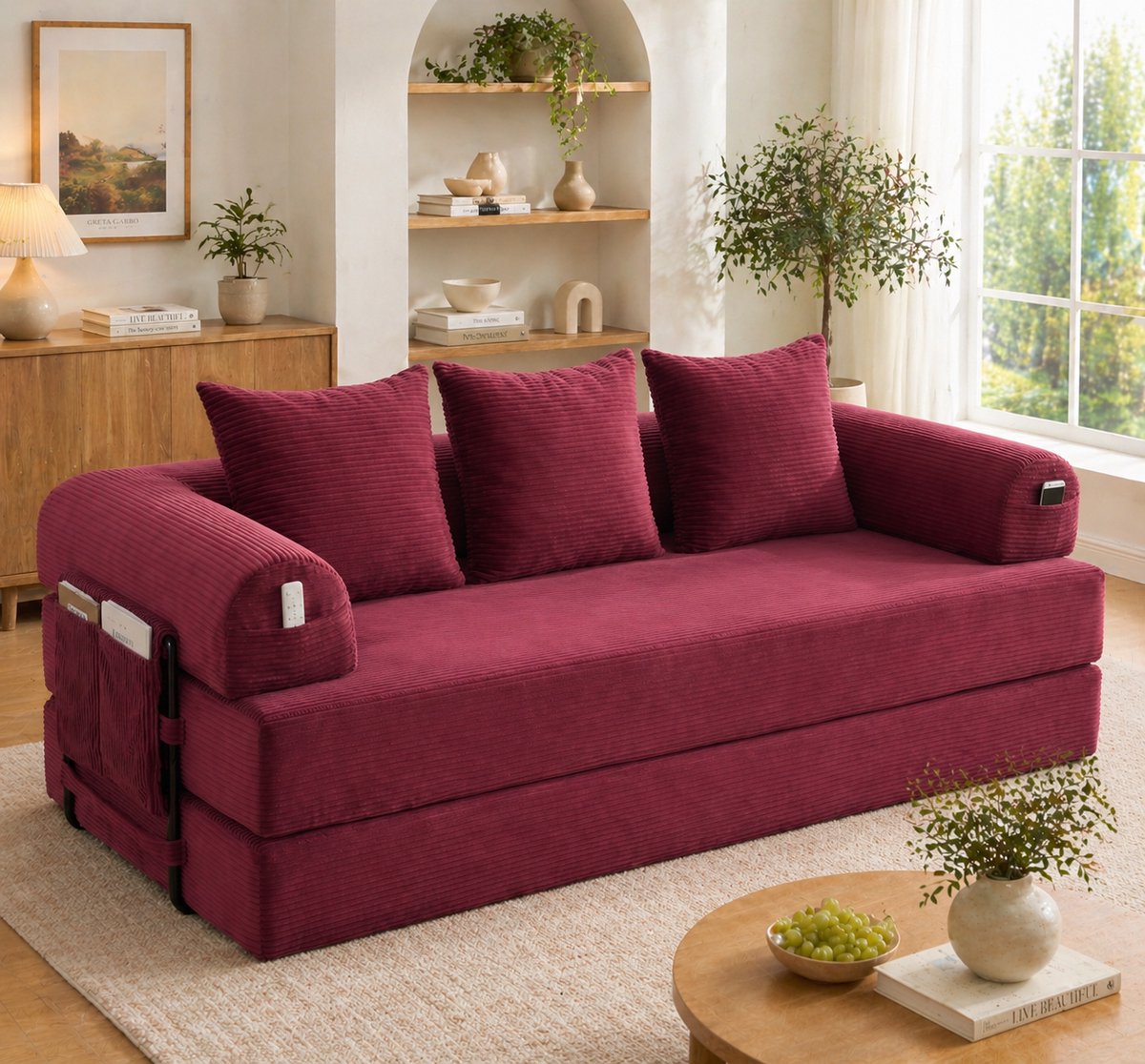 Opvouwbare modulaire stoffen bank met robuust metalen frame - vrij te configureren loungelandschap - 2-4 personen - wijnrood - zijvakken en 3 zachte kussens inbegrepen - compact opvouwbaar