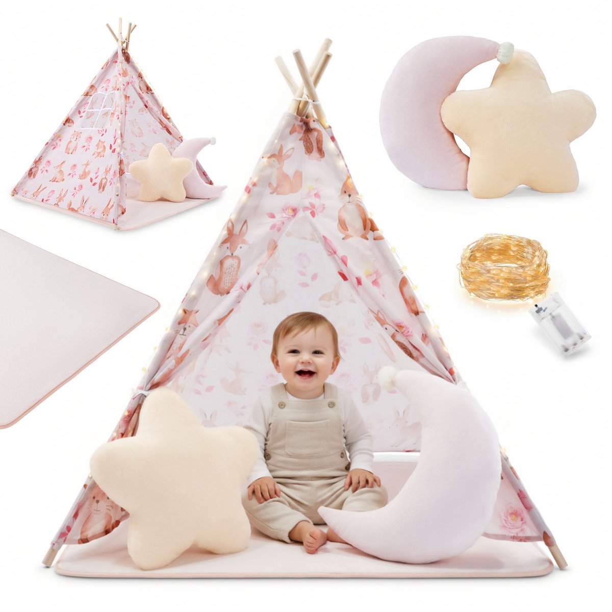 Mamabrum Kinder Tipi Tent Roze met LED Verlichting, Speelmat & Kussens – Speeltent voor Kinderen met Bosdieren Design – 100x100x135 cm