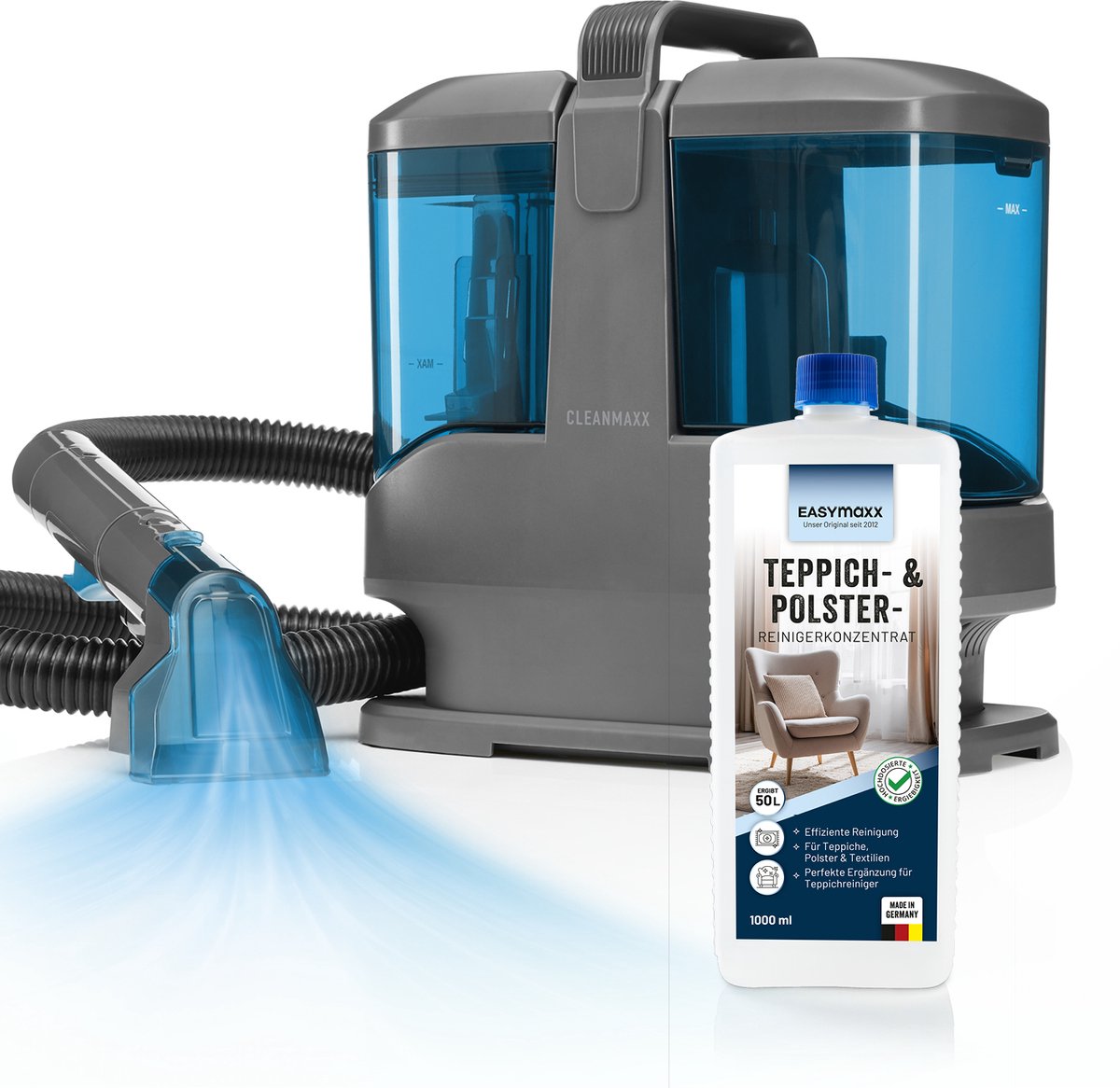 CLEANmaxx bekledingsreiniger Compact Pro incl. tapijtreinigingsmiddel | 13 kPa natzuiger voor bekleding – ook ideaal als tapijtreinigingsapparaat | Bankreiniger voor waszuigers met tank met twee compartimenten