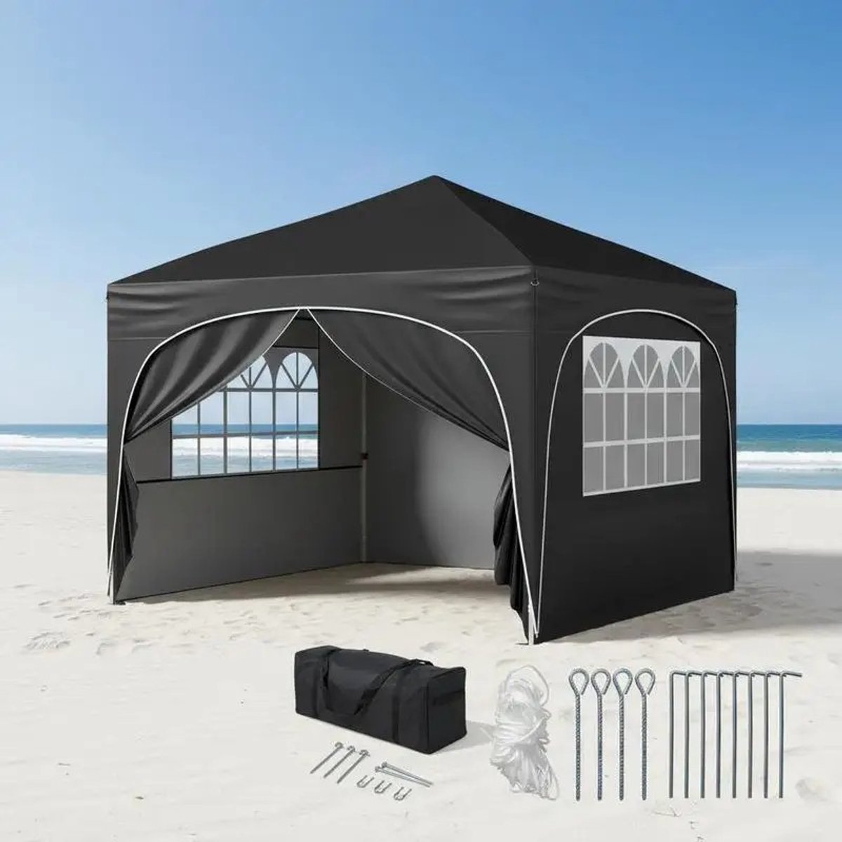 Dailygoods Opvouwbare partytent met 4 afneembare wanden 3x3m, opvouwbaar strandzonnescherm zwart