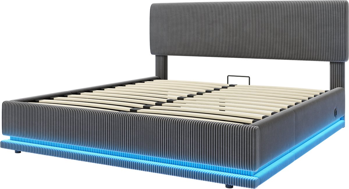 COVREO Polsterbed met LED en USB-C – 160x200 cm – Verstelbaar hoofdeinde – Bedframe van stof – Donkergrijs - zonder matras