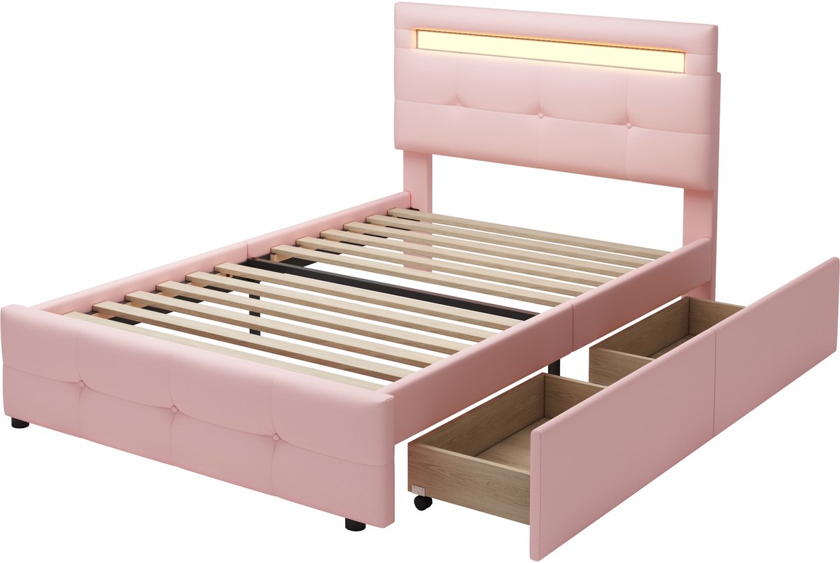 COVREO Bed 90x200 cm roze stof met 2 lades en LED zonder matras