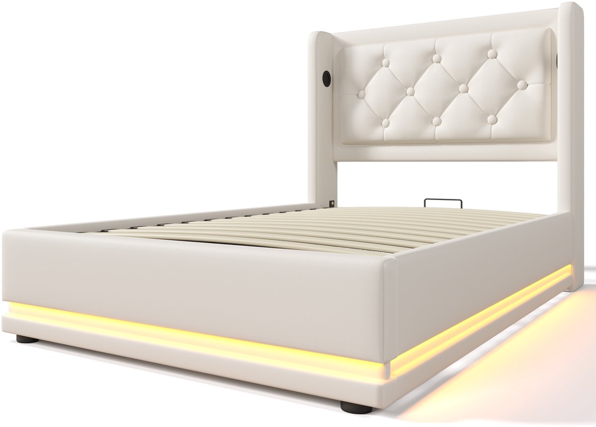 COVREO Bedframe 90x200 cm wit kunstleer, opbergbed met LED, zonder matras
