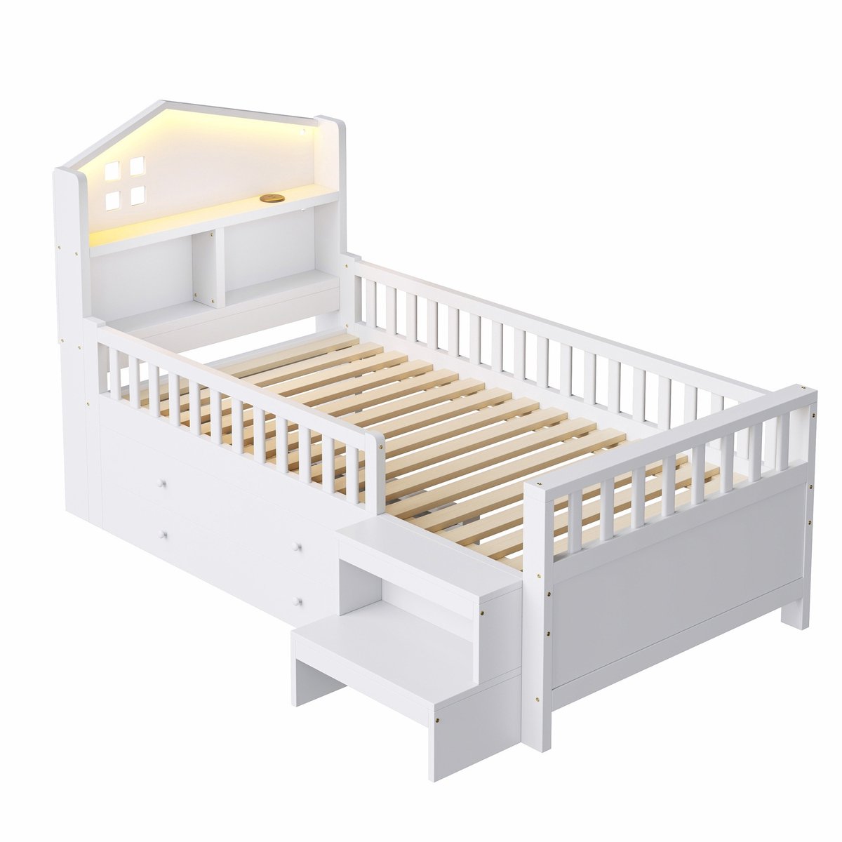 Kinderbed, 90 x 200 cm, met veiligheidshekjes, vier lades, opstapje, ledverlichting, USB- en Type-C-oplaadpoorten, massief houten frame, eenpersoonsbed, wit.
