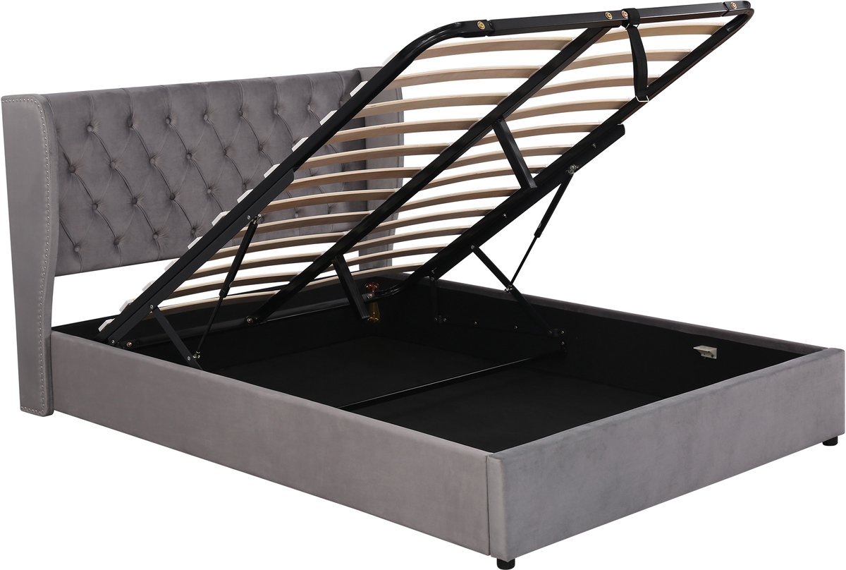 Gestoffeerd bed, oorvormig ontwerp, fluwelen stof, grote knoopstiksels, tweepersoonsbed afmetingen 140*200 mm, hydraulisch bed met lattenbodem en opbergruimte, bedbodem bekleed met vlekbestendige zwarte non-woven stof, grijs