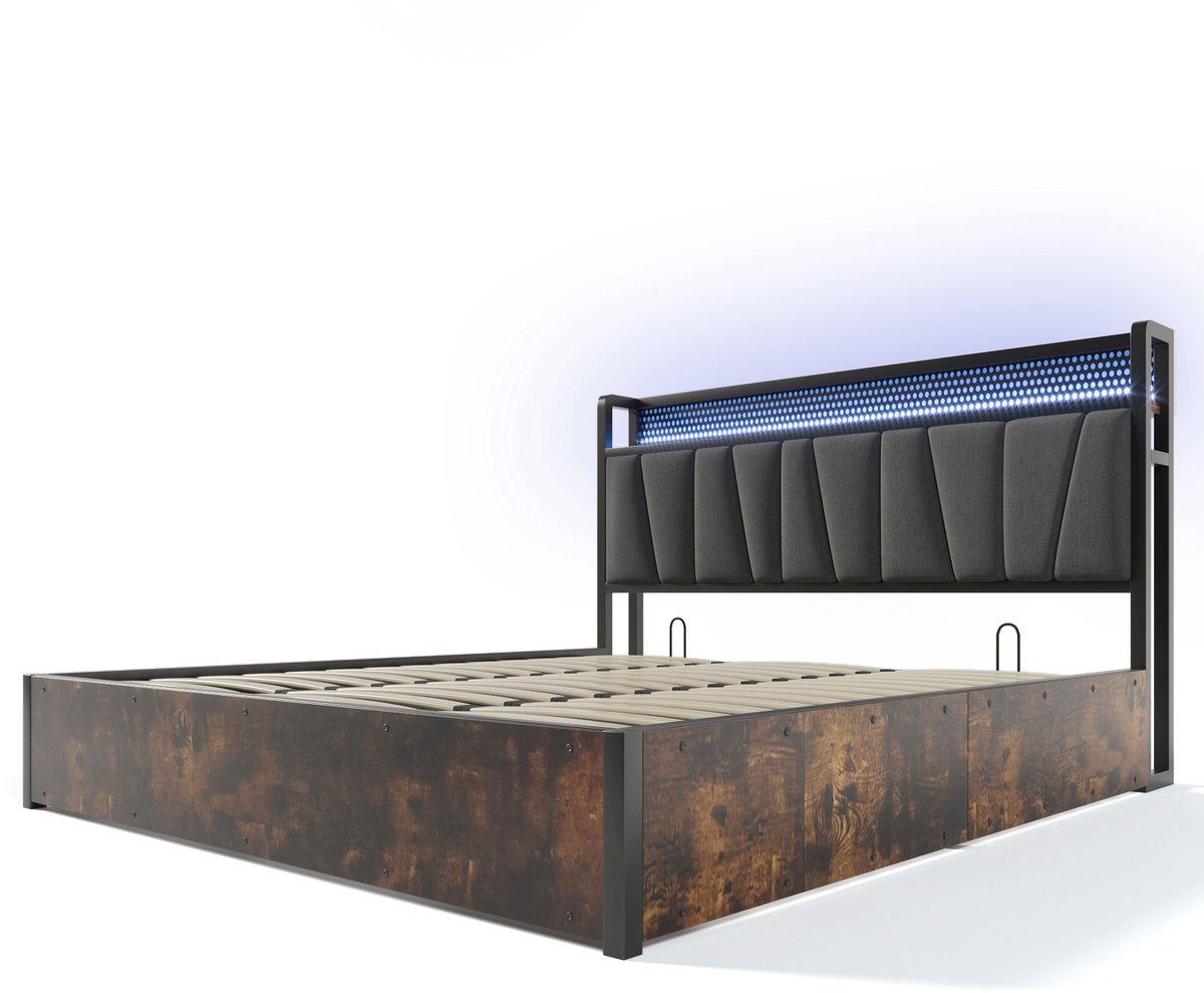 COVREO Bed 180x200 cm grijs, stof metaal en hout met LED en opbergruimte
