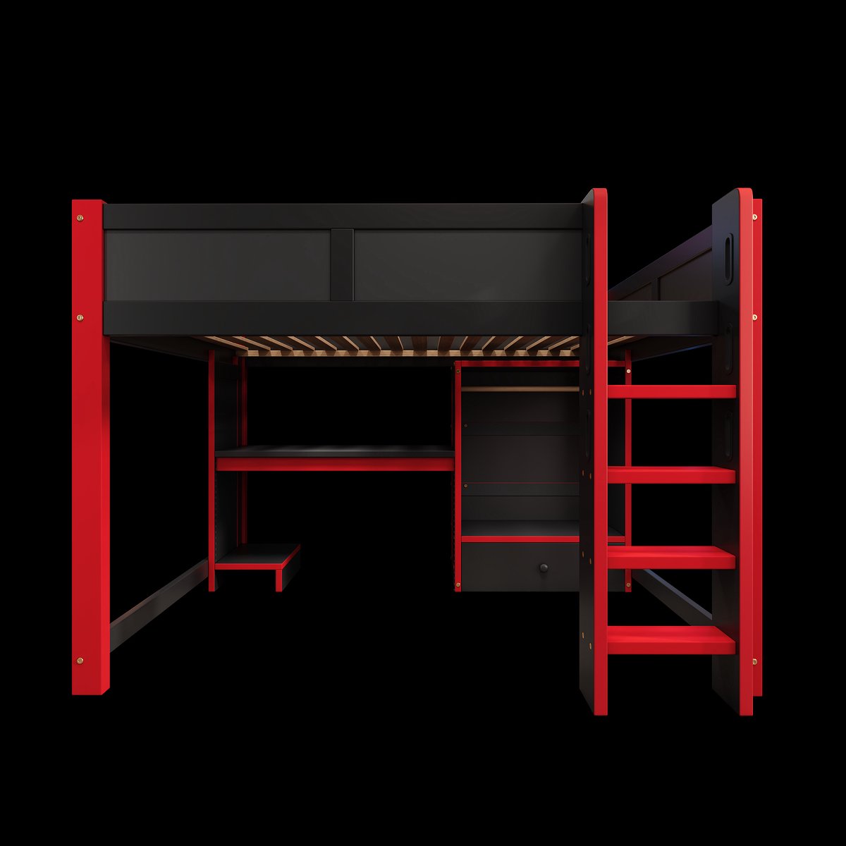 COVREO Hoogslaper 140x200 cm zwart rood, met bureau, ladder en opbergruimte