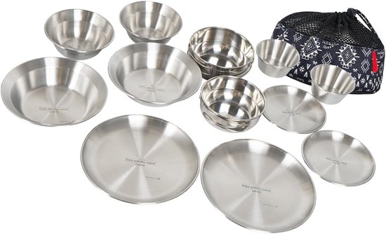Kampeerset- 12 Stks Voor Camping Servies Set met RVS Kommen en Platen Ideaal voor Outdoor Maaltijden - zilver — afbeelding 5