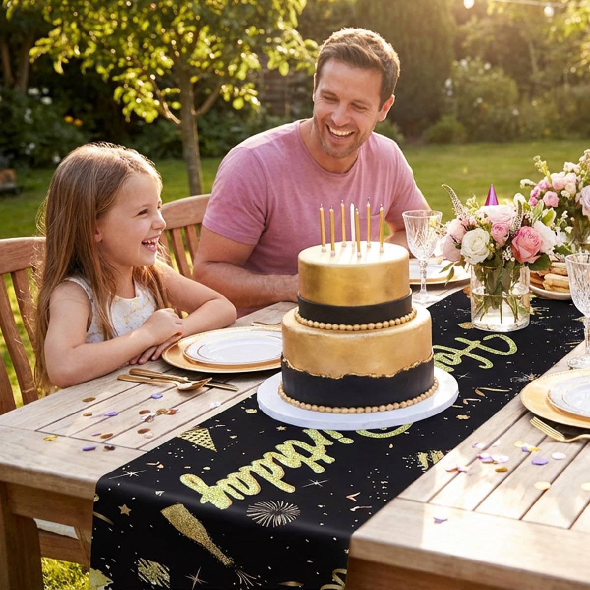 Dailygoods- Tafelloper Happy Birthday - 182 x 33,5 cm - Zwart - Polyester - Duurzaam - Eettafeldecoratie binnen/buiten - Tafelkleed