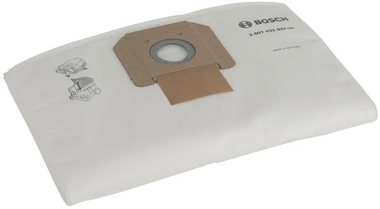 Witte Bosch stofzuigerzak, met bruin kartonnen mondstuk en grijze ring, met pictogrammen en productinformatie.