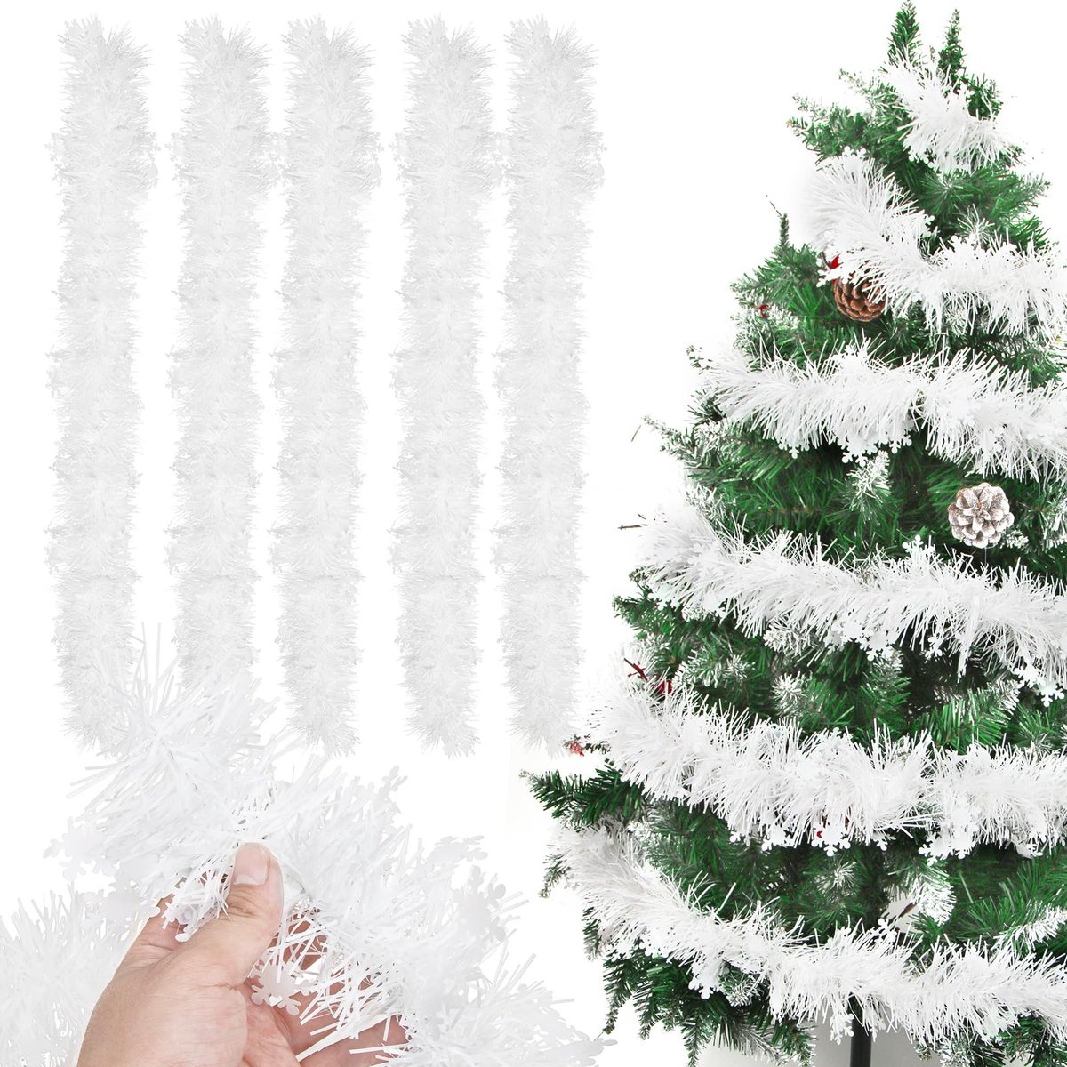 Dailygoods- Lametta 5 Stuks - 2 m Slinger - Kerstboomdecoratie - Kerstslinger met Sneeuwvlokken - Duurzaam Metaaldraad - Flexibel Gebruik - Kerstversiering