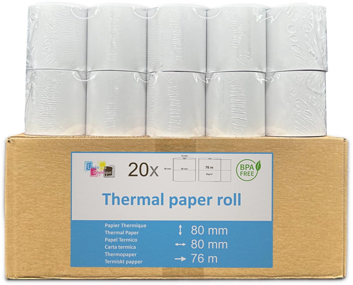 SnelShoppen - Navulling 20 Rollen Thermisch Papier voor Kassa - Kassa Ticket Rol 80 x 80 mm - Doorn 12 mm - 50g Thermisch Papier voor Kassaprinter en