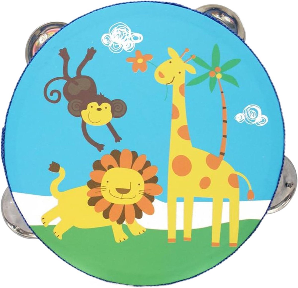 Houten Tamboerijn - Kindertrommel Baby Percussie - Muziek Ontdekken - Helder Geluid Metalen Jingles - 15 x 5 cm - Dierenprint