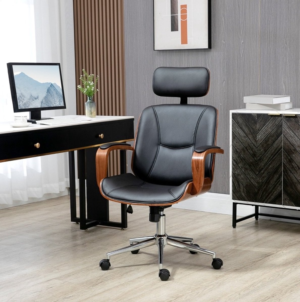 REDOM - Bureaustoel - Ergonomische rugleuning - Verstelbare zithoogte en kantelfunctie - Afneembare hoofdsteun - Met vaste armleuningen - Kunstleer - Zwart - 66 x 65 x 115-125 cm