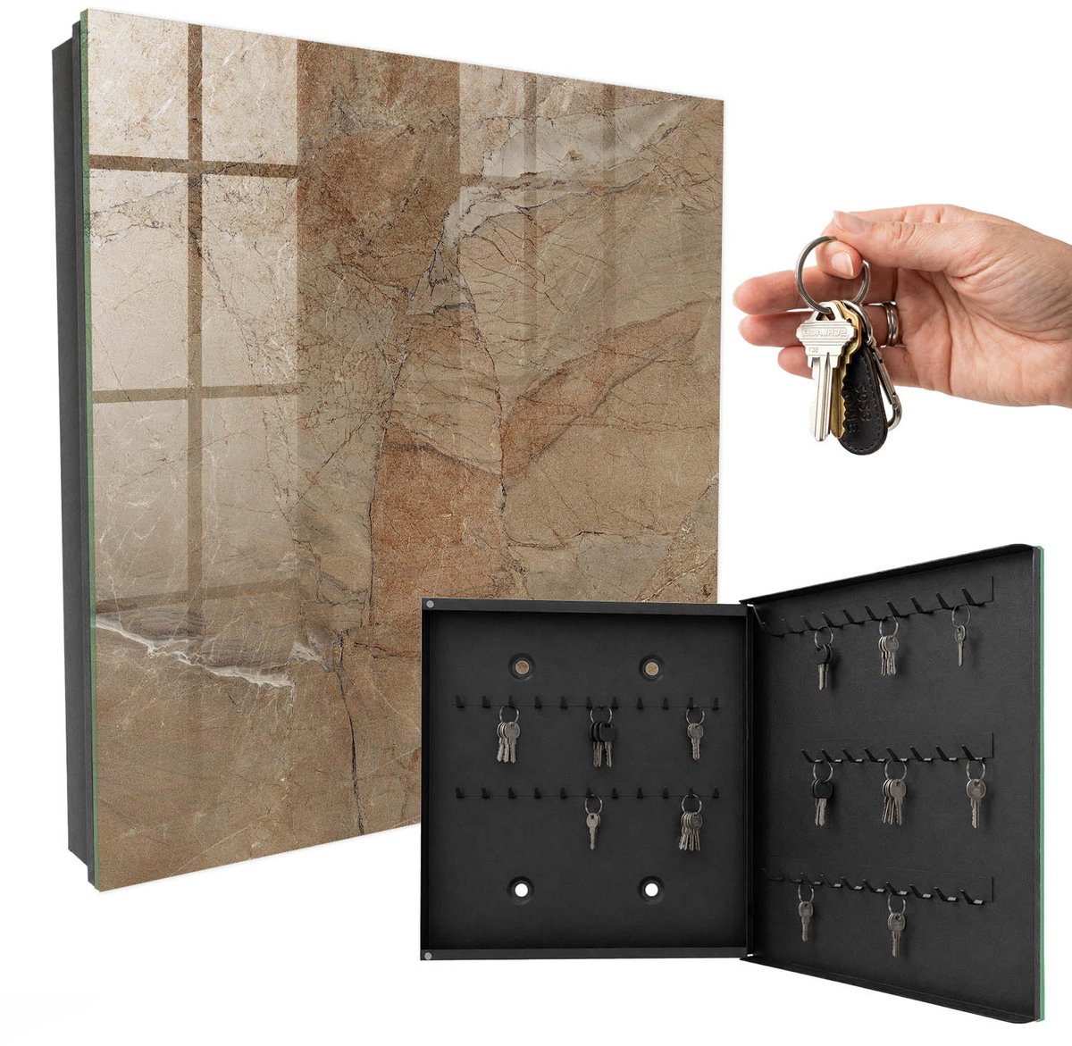 WallMuralia - Sleutelkast - 30x30x5 cm - met 50 haken - Steenstructuur Sleutelkastje Industrieel - Bruin Sleutelbox - Rechtsopenend - Zwart interieur