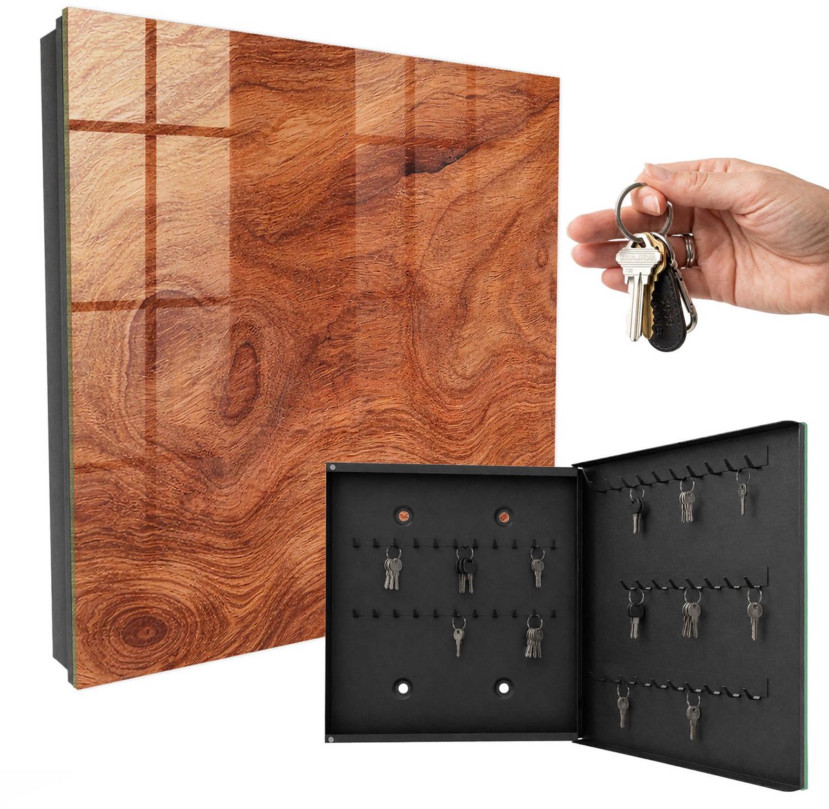 WallMuralia - Sleutelkast - 30x30x5 cm - met 50 haken - Houtstructuur Leuk Sleutelkastje - Bruin Sleutelbox - Rechtsopenend - Zwart interieur