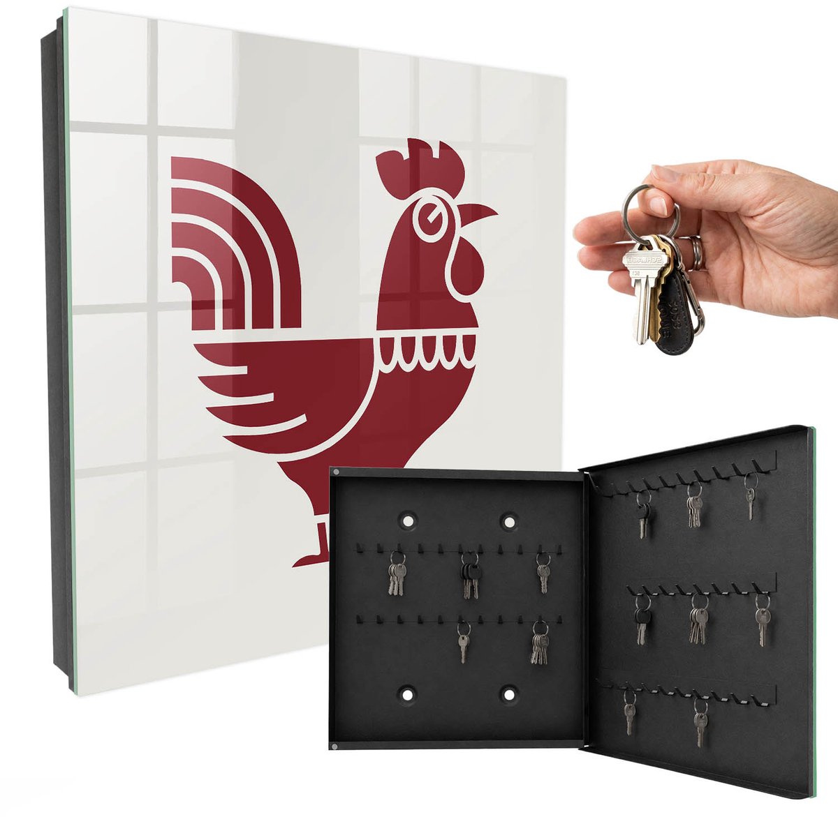 WallMuralia - Sleutelkast - 30x30x5 cm - met 50 haken - Haan Volksstijl Design Sleutelkastje - Bordeaux Sleutelbox - Rechtsopenend - Zwart interieur