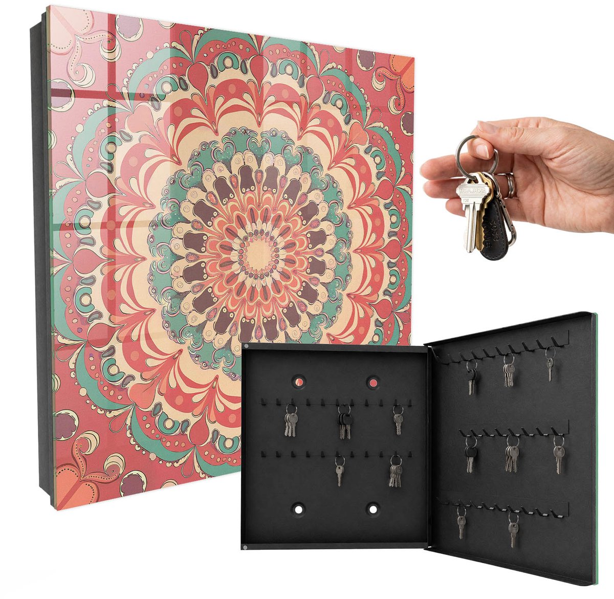 WallMuralia - Sleutelkast - 30x30x5 cm - met 50 haken - Kleurrijke Mandala Sleutelkastje Muur - Oranje Sleutelbox - Rechtsopenend - Zwart interieur