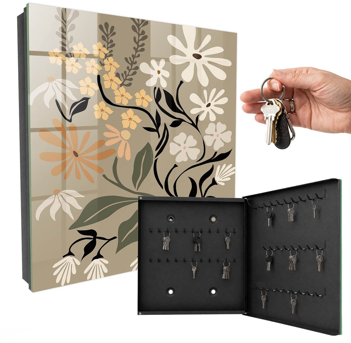 WallMuralia - Sleutelkast - 30x30x5 cm - met 50 haken - Bloemenmotief Leuk Sleutelkastje - Beige Sleutelbox - Rechtsopenend - Zwart interieur