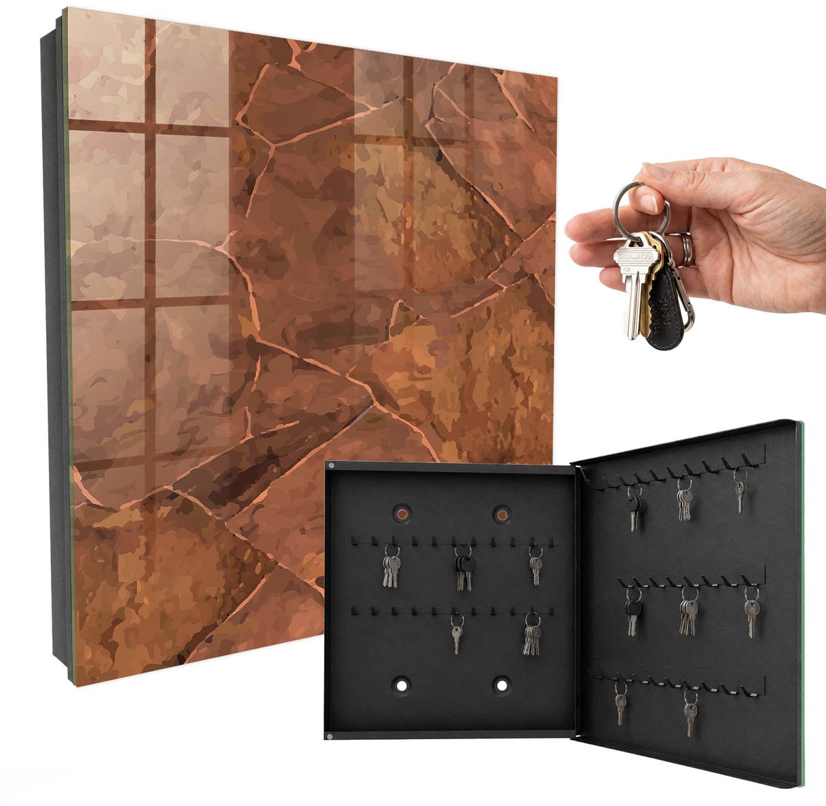 WallMuralia - Sleutelkast - 30x30x5 cm - met 50 haken - Steenstructuur Sleutelkastje Landelijk - Bruin Sleutelbox - Rechtsopenend - Zwart interieur