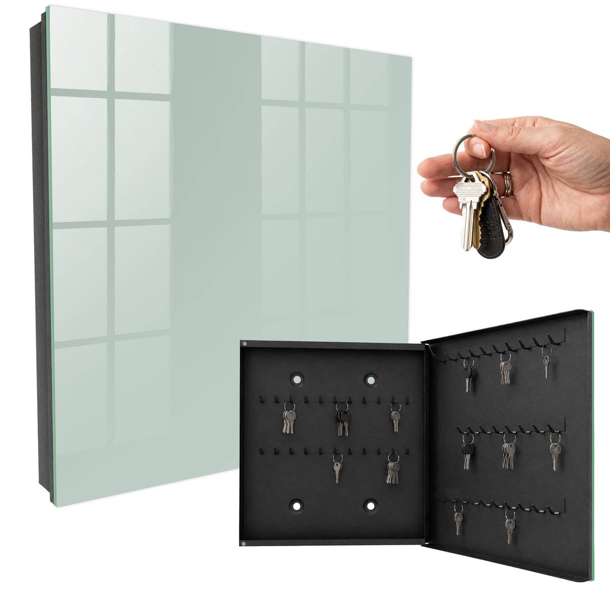 WallMuralia - Sleutelkast - 30x30x5 cm - met 50 haken - Lichte Munt Sleutelkastje - Groente Sleutelbox - Rechtsopenend - Zwart interieur