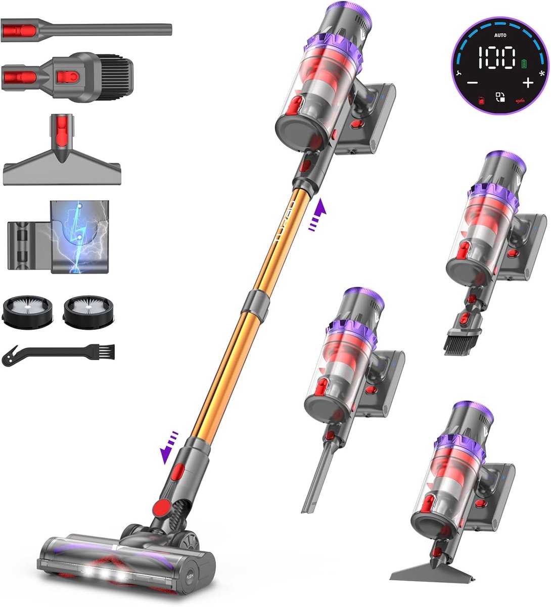 coovy SU7 Steelstofzuiger Stofzuiger Draadloos 580W/55Kpa/75Min, LED-display, 1.3 L Vacuum Cleaner Anti-klit, Steelstofzuiger Draadloos voor Dierenhaar, Tapijt, Harde Vloeren