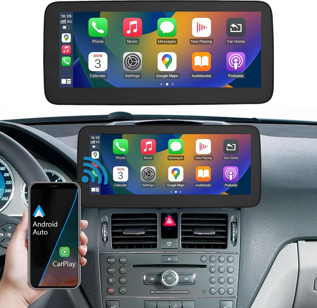 12,3 inch touchscreen met draadloze carplay functie en Android Auto voor 2008-2010 Mercedes Benz C-Klasse W204 NTG4.0, ondersteunt Mirrorlink, camera, navigatie