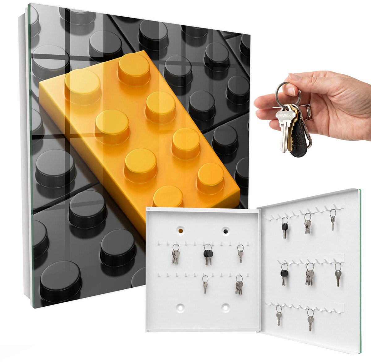 WallMuralia - Sleutelkast - 30x30x5 cm - met 50 haken - Geel Blok Sleutelkastje Huis - Geel Sleutelbox - Rechtsopenend - Wit interieur
