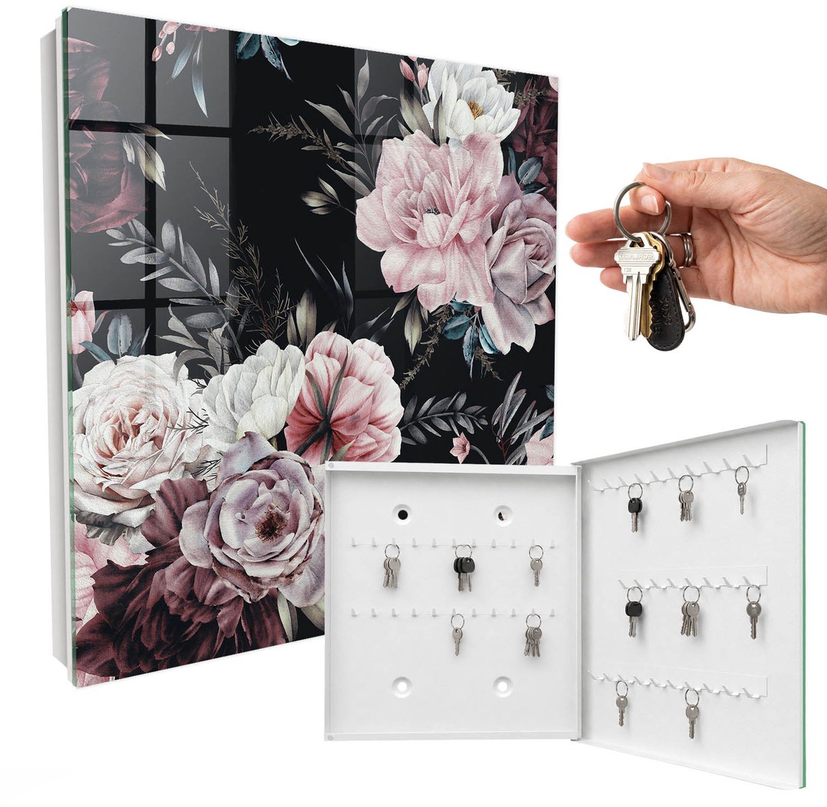 WallMuralia - Sleutelkast - 30x30x5 cm - met 50 haken - Bloemenpracht Sleutelkastje Voor Binnen - Roze Sleutelbox - Rechtsopenend - Wit interieur