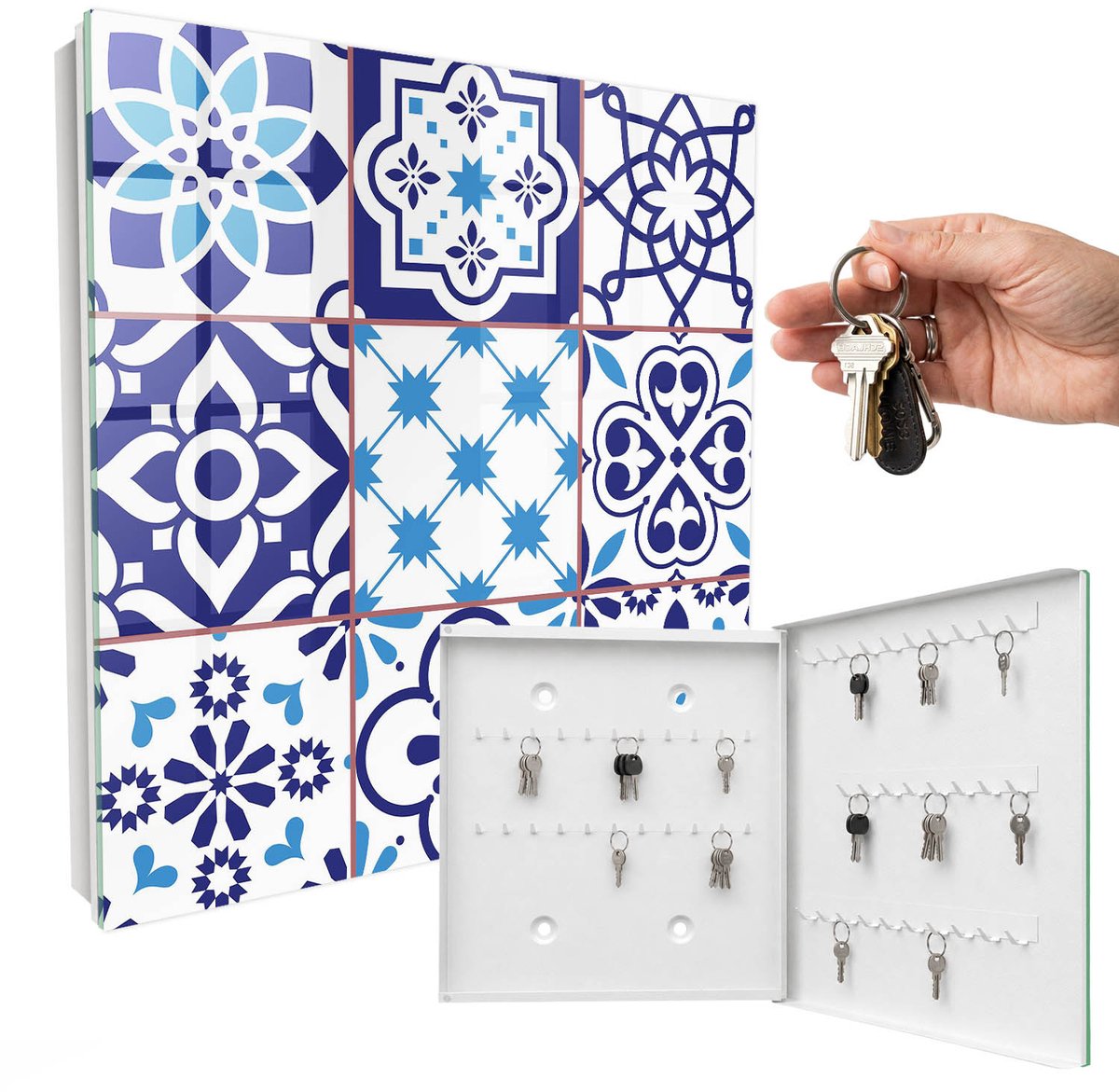 WallMuralia - Sleutelkast - 30x30x5 cm - met 50 haken - Geometrische Patronen Design Sleutelkastje - Blauw Sleutelbox - Rechtsopenend - Wit interieur