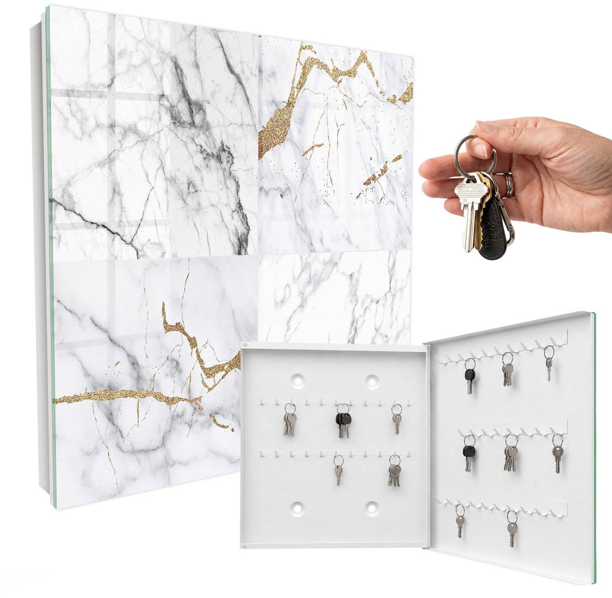 WallMuralia - Sleutelkast - 30x30x5 cm - met 50 haken - Marmerpatroon Sleutelkastje Modern - Wit Sleutelbox - Rechtsopenend - Wit interieur