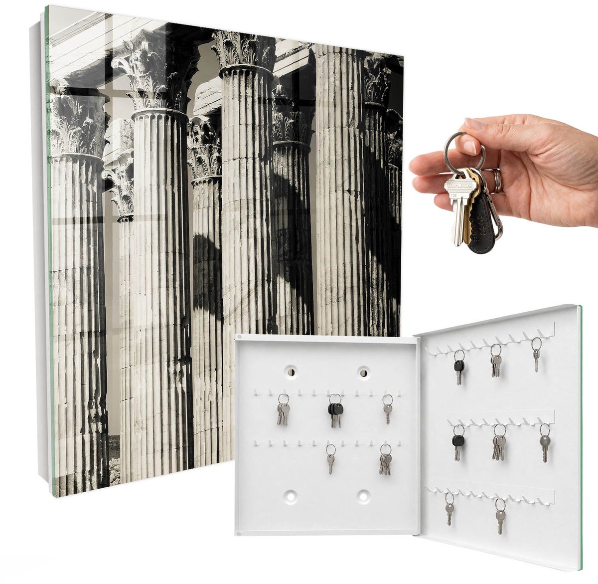 WallMuralia - Sleutelkast - 30x30x5 cm - met 50 haken - Oude Zuilen Sleutelkastje Voor Binnen - Beige Sleutelbox - Rechtsopenend - Wit interieur