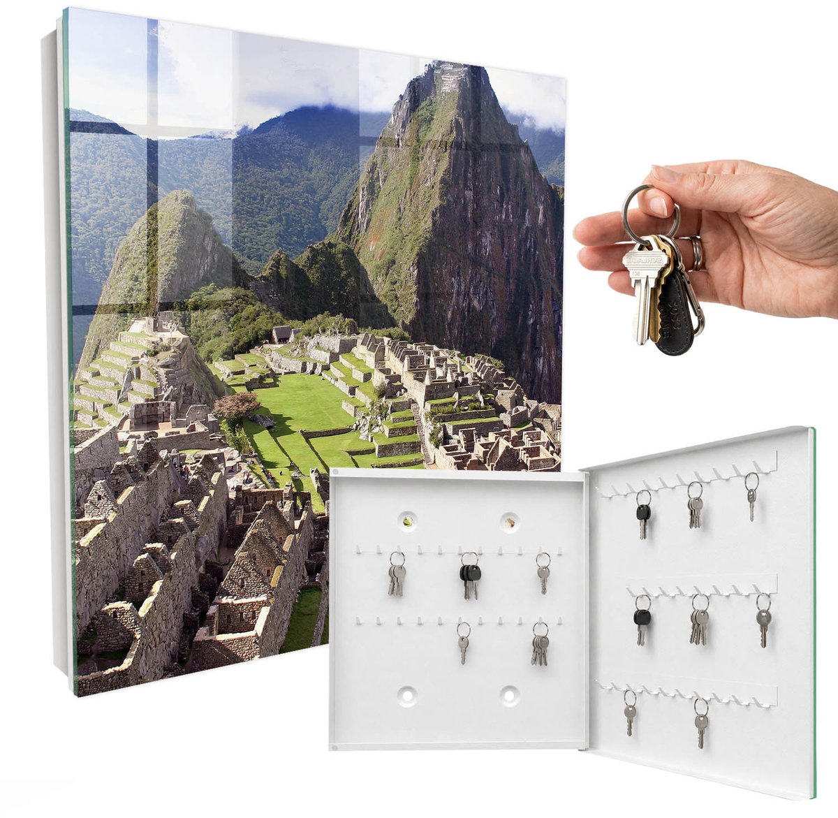 WallMuralia - Sleutelkast - 30x30x5 cm - met 50 haken - Bergstad Sleutelkastje Voor Binnen - Groente Sleutelbox - Rechtsopenend - Wit interieur