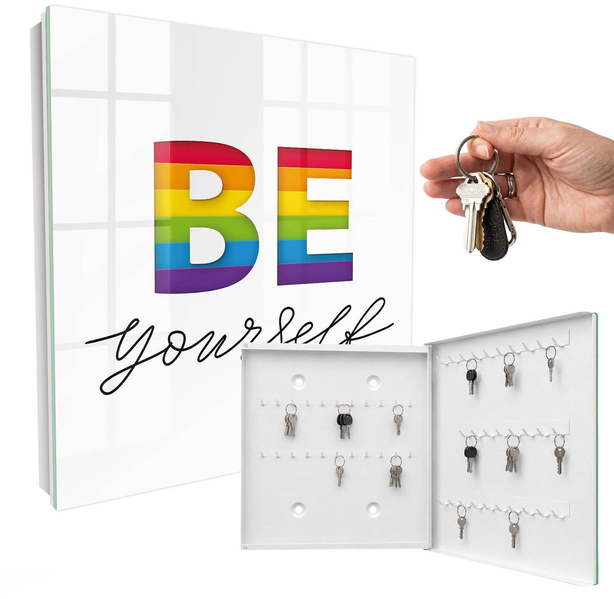 WallMuralia - Sleutelkast - 30x30x5 cm - met 50 haken - Authentieke Motivatie Leuk Sleutelkastje - Rood Sleutelbox - Rechtsopenend - Wit interieur