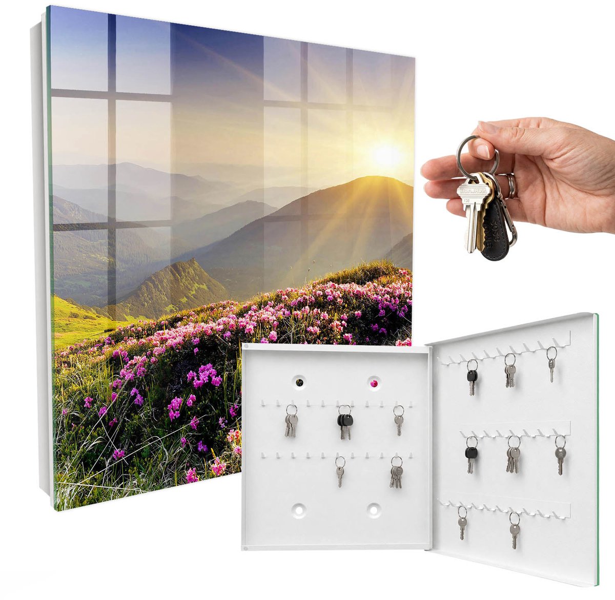 WallMuralia - Sleutelkast - 30x30x5 cm - met 50 haken - Bergachtig Oosten Sleutelkastje Modern - Groente Sleutelbox - Rechtsopenend - Wit interieur