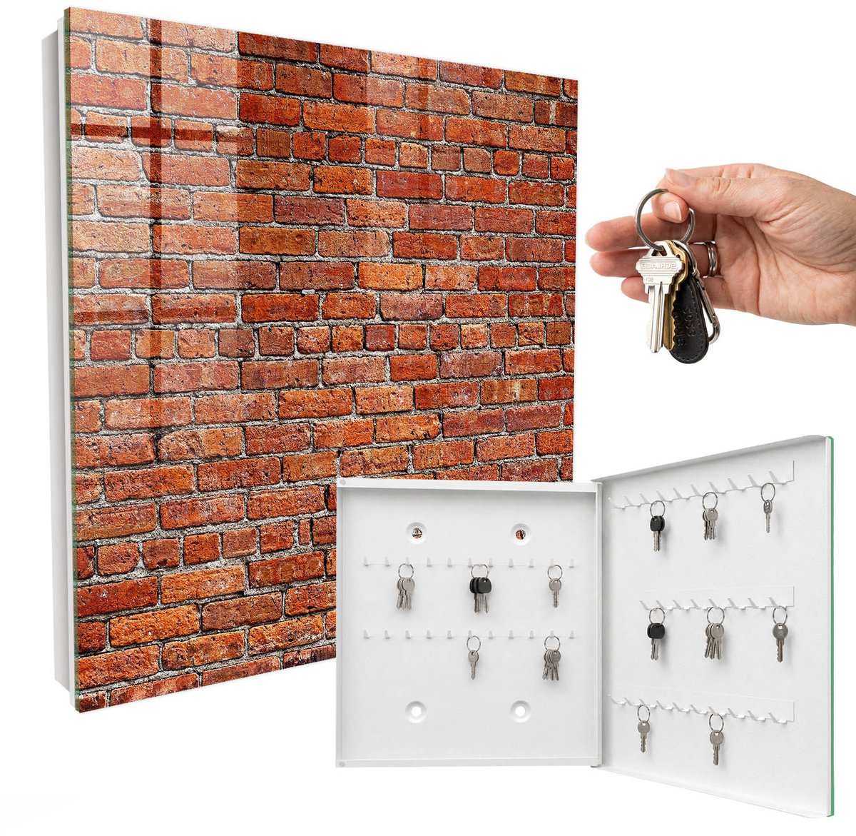 WallMuralia - Sleutelkast - 30x30x5 cm - met 50 haken - Bakstenen Muur Sleutelkastje Voor Binnen - Rood Sleutelbox - Rechtsopenend - Wit interieur
