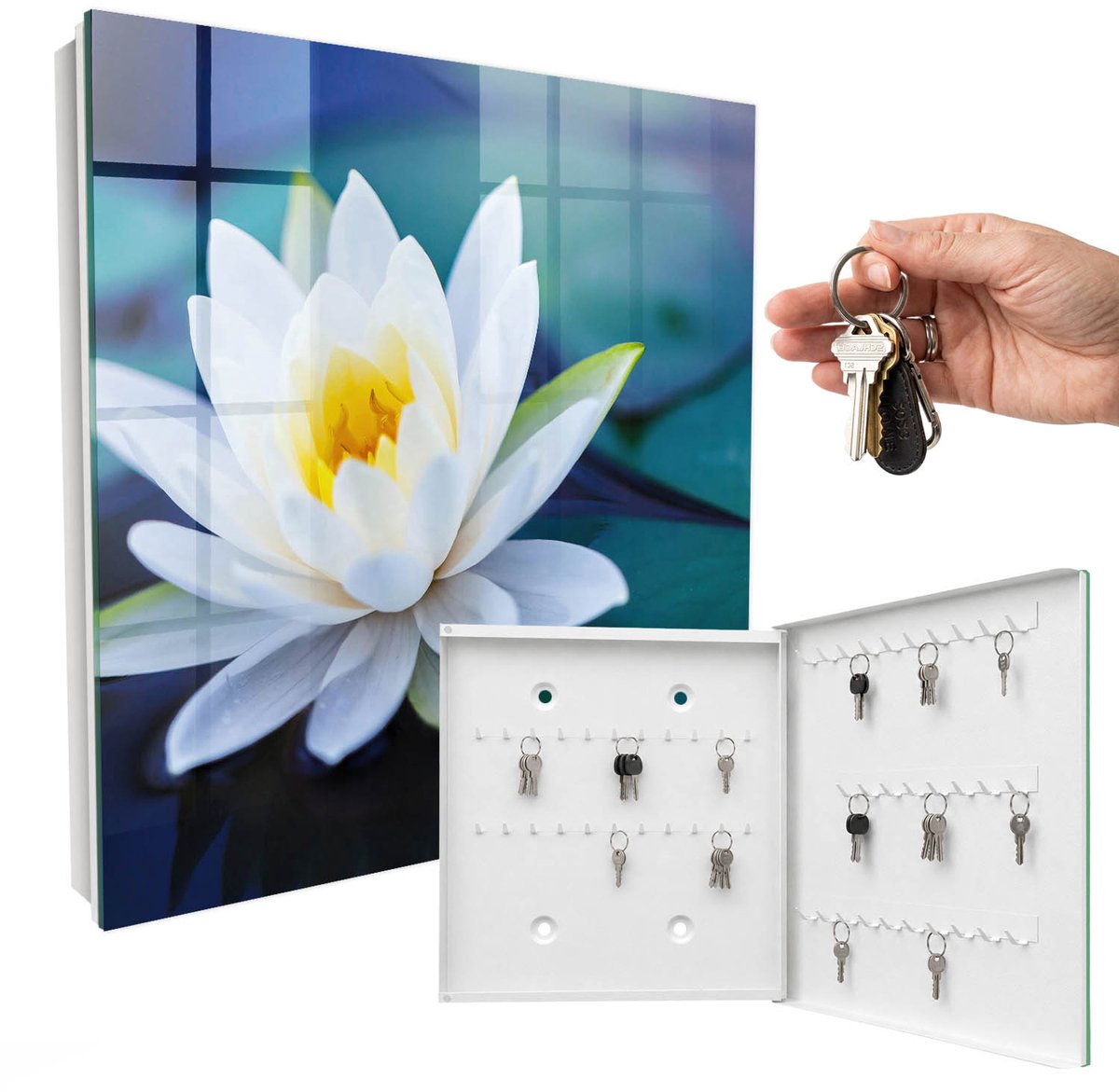 WallMuralia - Sleutelkast - 30x30x5 cm - met 50 haken - Waterlelie Sleutelkastje Industrieel - Groente Sleutelbox - Rechtsopenend - Wit interieur