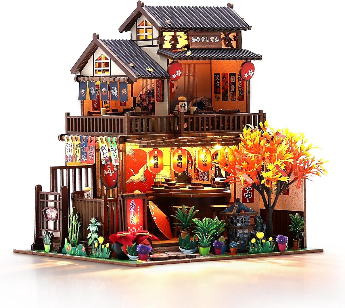 Japans poppenhuis met led (Izakaya de Ahorn) | Houten knutselwerk, 3D-puzzel voor volwassenen en ouders, woondecoratie, creatief cadeau voor verjaardag en Kerstmis