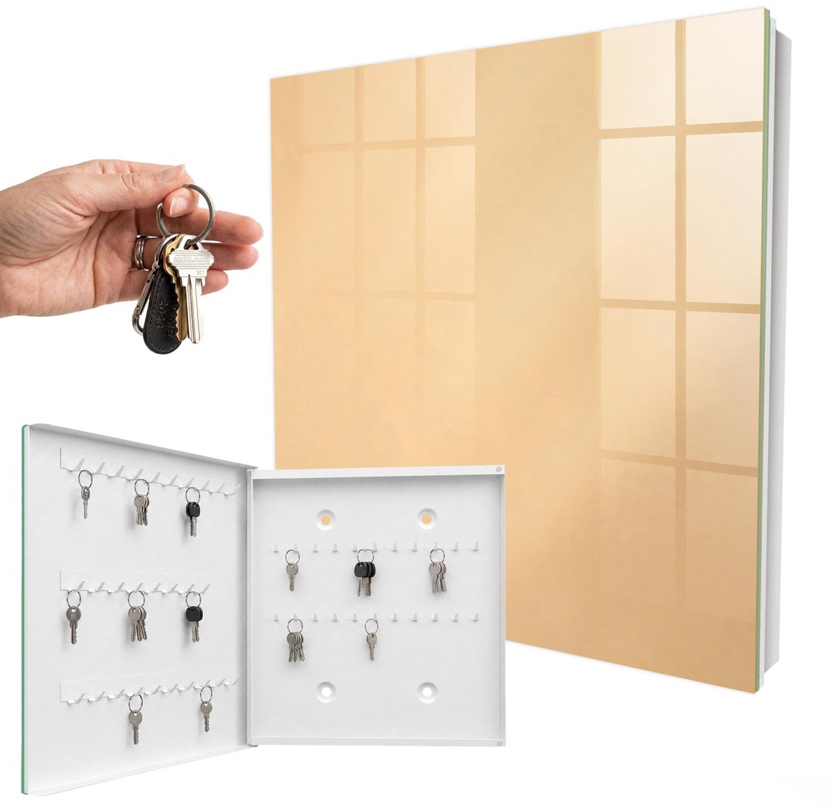 WallMuralia - Sleutelkast - 30x30x5 cm - met 50 haken - Beige Troost Sleutelkastje Binnen - Beige Sleutelbox - Linksopenend - Wit interieur